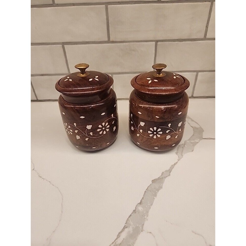Wooden Kitchen Storage Flower Canister Jars with Lid for Snacks,‎ Food Set Of 2